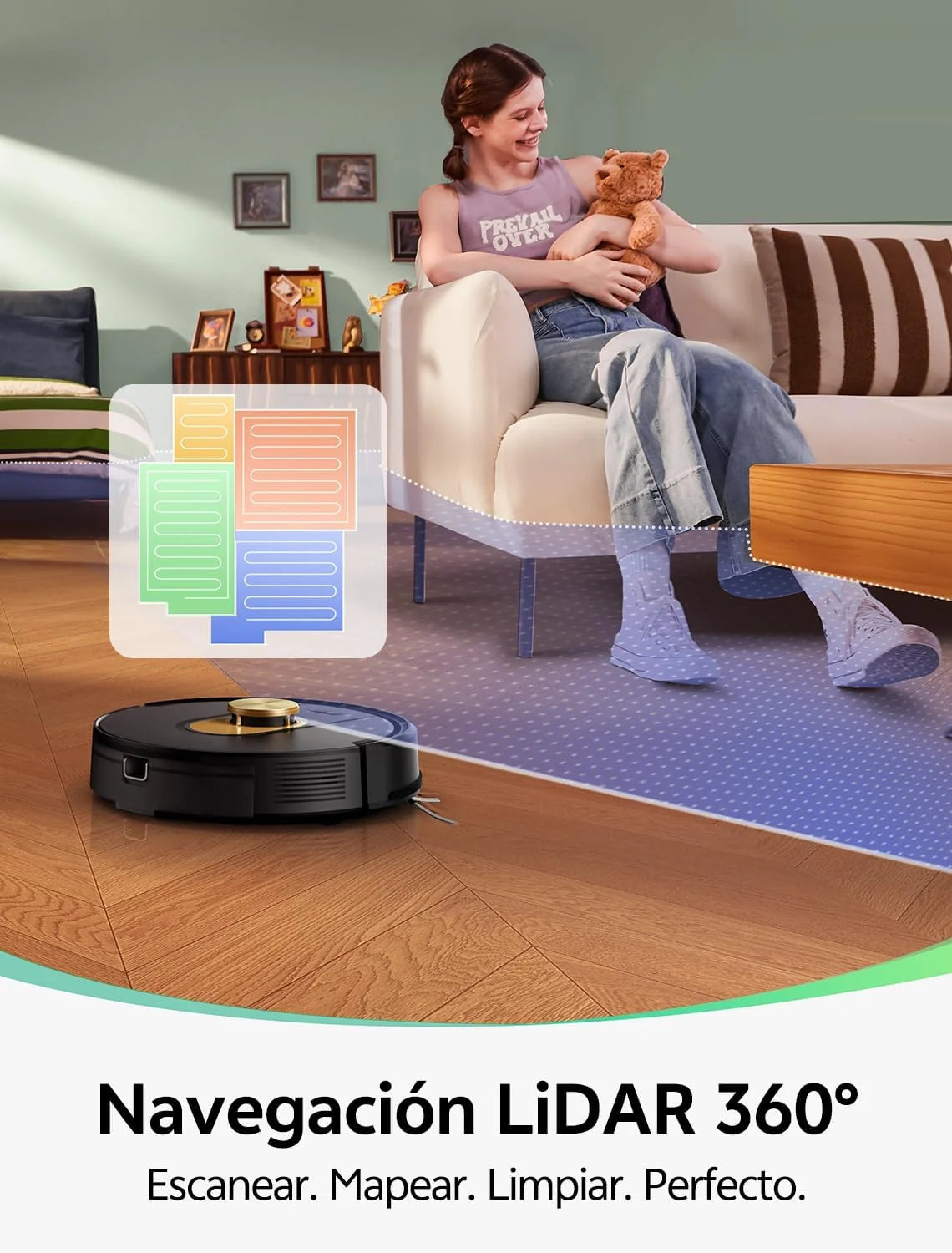 Vexilar W9 Robot Aspirador y Fregasuelos 8000Pa, Robot Aspirador con Navegación Láser, 5 Mapa Inteligente, Larga Autonomía, Adecuado para Suelo, Alfombras de Pelo Corto, Pelo de Mascotas
