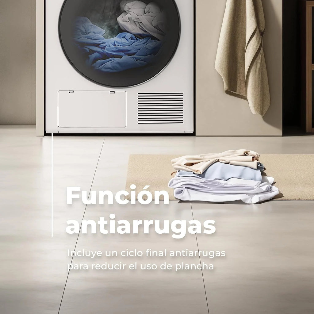 EVVO Secadora bomba de calor 10 kg S10X, Efic. Energética Clase D, Airfresh, Sensor de Humedad, Antiarrugas, Inicio Diferido, 16 Programas, Aire Frío, Instalación Fácil, Color Inox