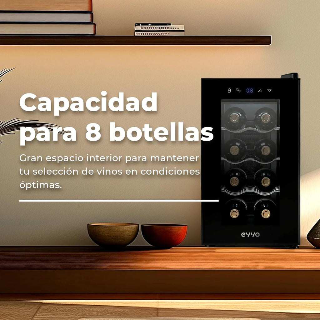 EVVO Vinoteca VT8 - Enfriador de Botellas de Vino, Nevera Pequeña para 8 Botellas, Enfriador de Vino Silencioso, Control Táctil, Luz LED, Botellero Vertical, Temperatura Ajustable 8-18ºC