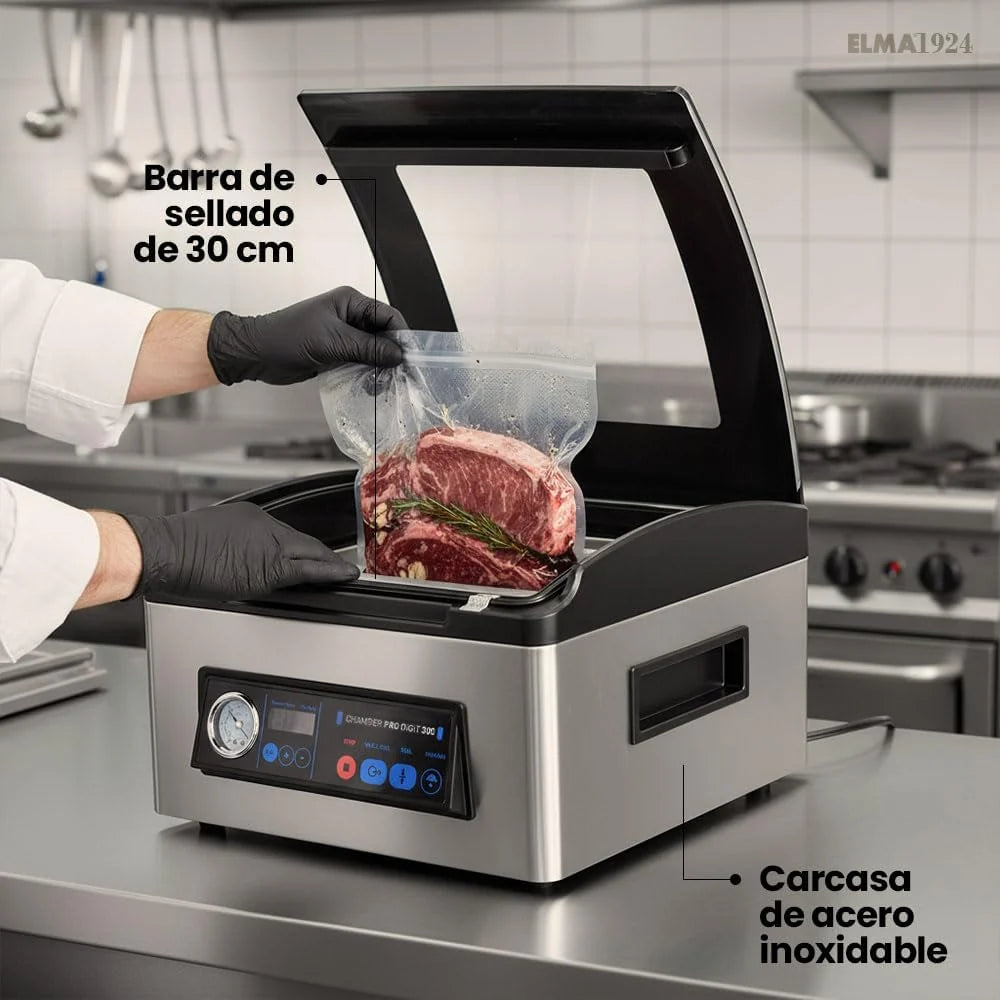 ELMA Envasadora al Vacío Profesional Chamber Pro Digit 300 | Uso Intensivo, Permite Envasar y Sellar con Líquidos, Barra de Sellado 30 cm, Controles Digitales Regulables, Incluye Bolsas
