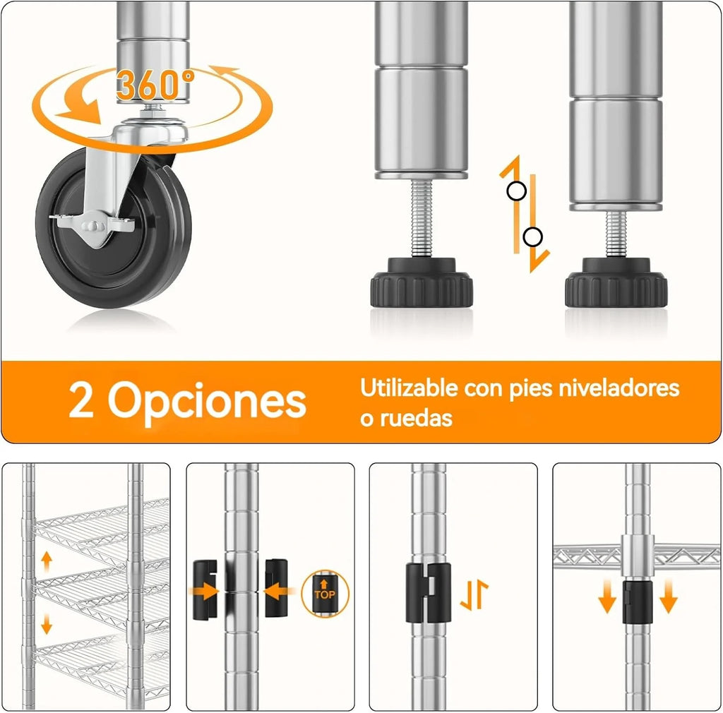Himimi Estantería de Alambre de 4 Niveles con Ruedas, Altura Ajustable,con Pies Niveladores, Estante de Almacenamiento Metálico para Cocina, Baño, Dormitorio,Capacidad de 500 kg, 90*45*183 cm, Plata