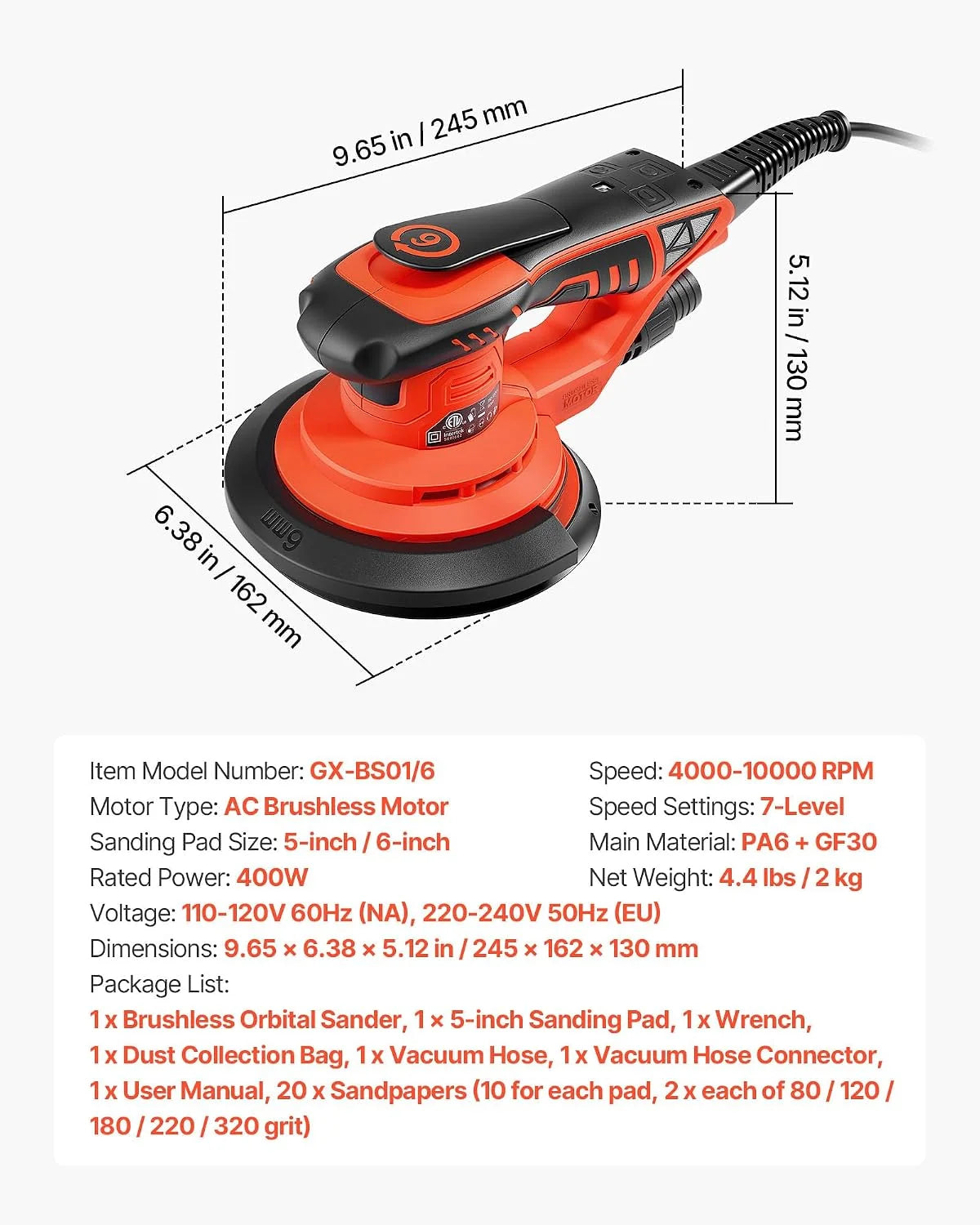 VEVOR Lijadora Orbital 400 W 7 Velocidades 4000-10000 RPM de 127 y 152,4 mm