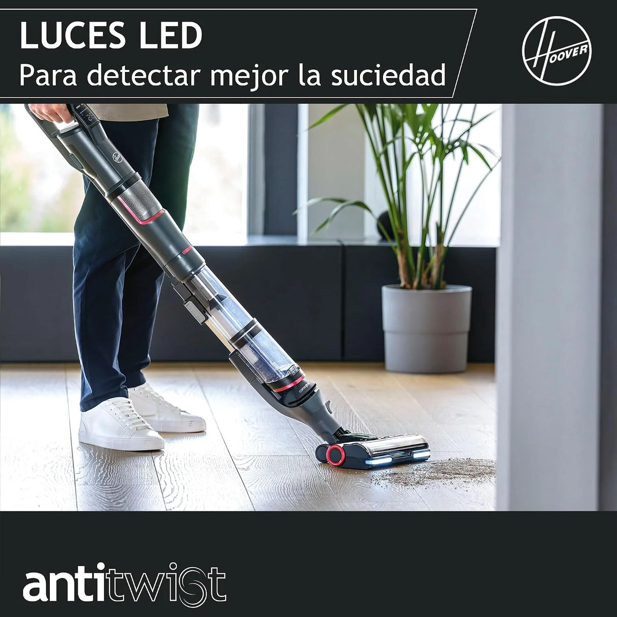 Hoover Aspiradora Escoba Sin Cable Potente con Corner Genie™ para Limpiar Todos los rincones, Cepillo Anti-Enredos, Luces LED [HFX]