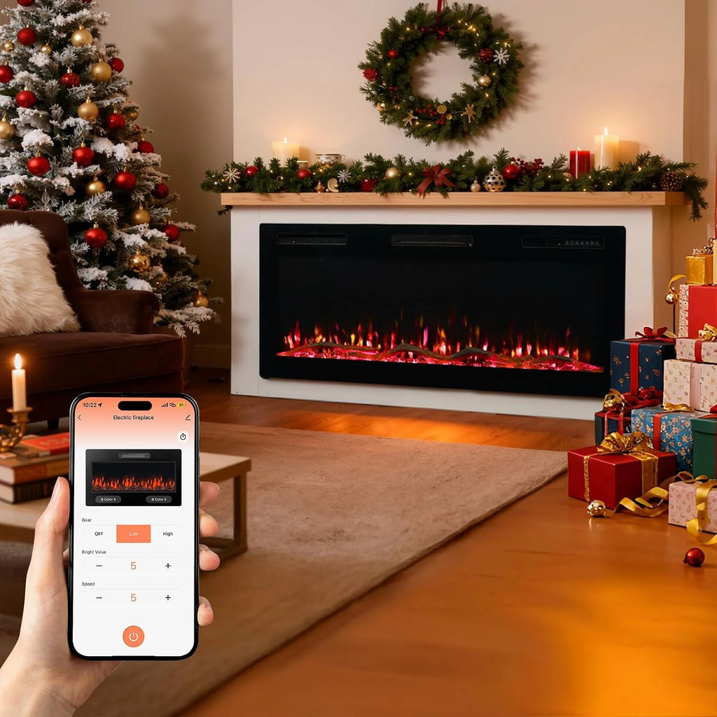 HOMAVO 50" Electric Fireplace with Heating, 1000W/2000W Decorative Fireplace, 12 Colors of 3D Flame, 12 Colors of Wood Fireplace, Remote Control & App, Includes Fireplace Furniture