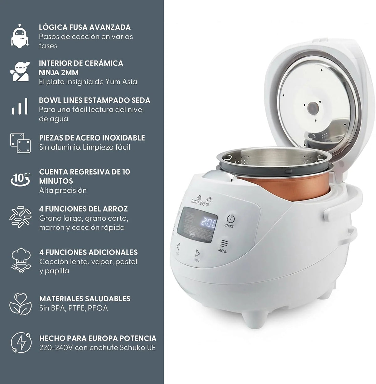 Yum Asia Panda Mini arrocera con cuenco de cerámica Ninja y lógica difusa avanzada (3,5 tazas, 0,63 litros) 4 funciones de arroz, 4 funciones de multicocina 220-240V (Arctic White)