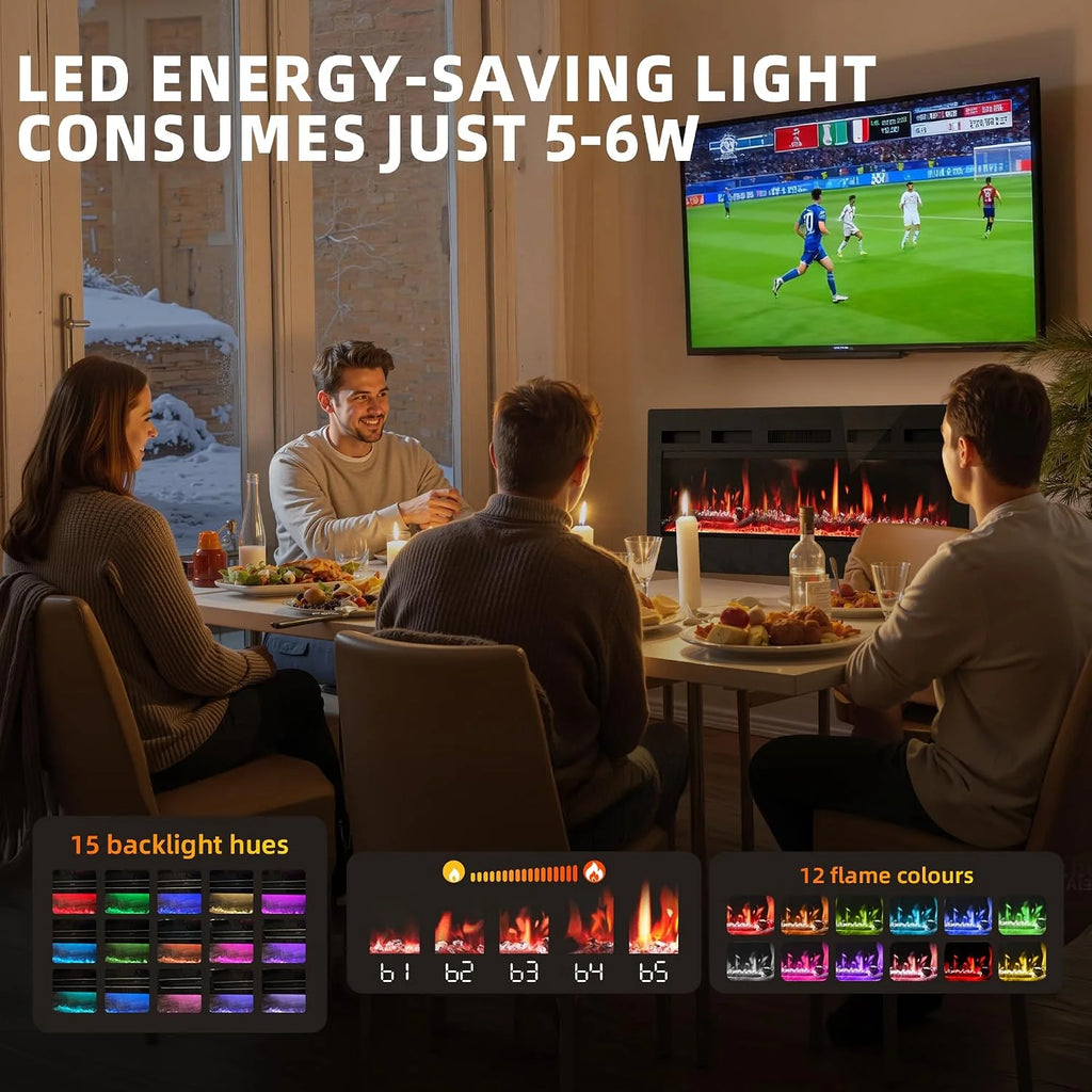 PURFINO Electric Fireplace 36"/92cm – Flame 12 Colours & Crisp, 900W/1800W, Precise Thermostat (15-30°C), Touch Screen & Remote Control – Ideal for Multimedia Walls