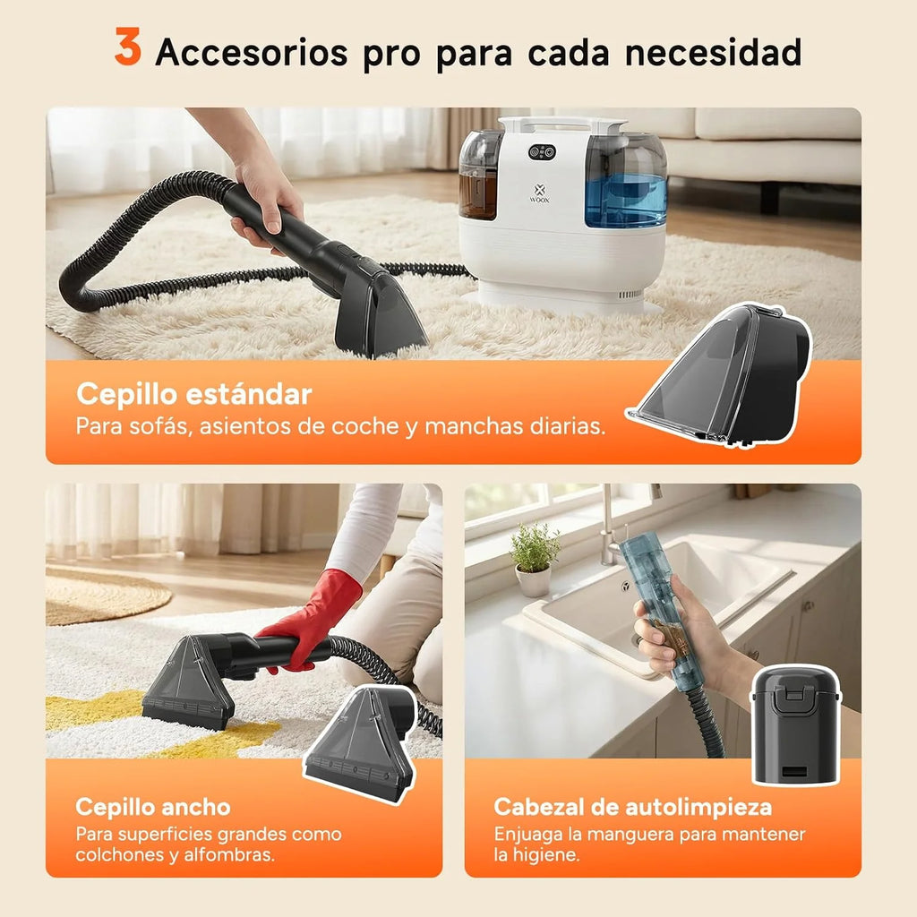 WOOX Limpiador Aspiradora de Tapicerias y Alfombras, con Vapor Caliente, 1700W, 15Kpa de Alta Succión, Diseño Compacto, Depósito de Agua Limpia 1200ml y Agua Sucia 750ml