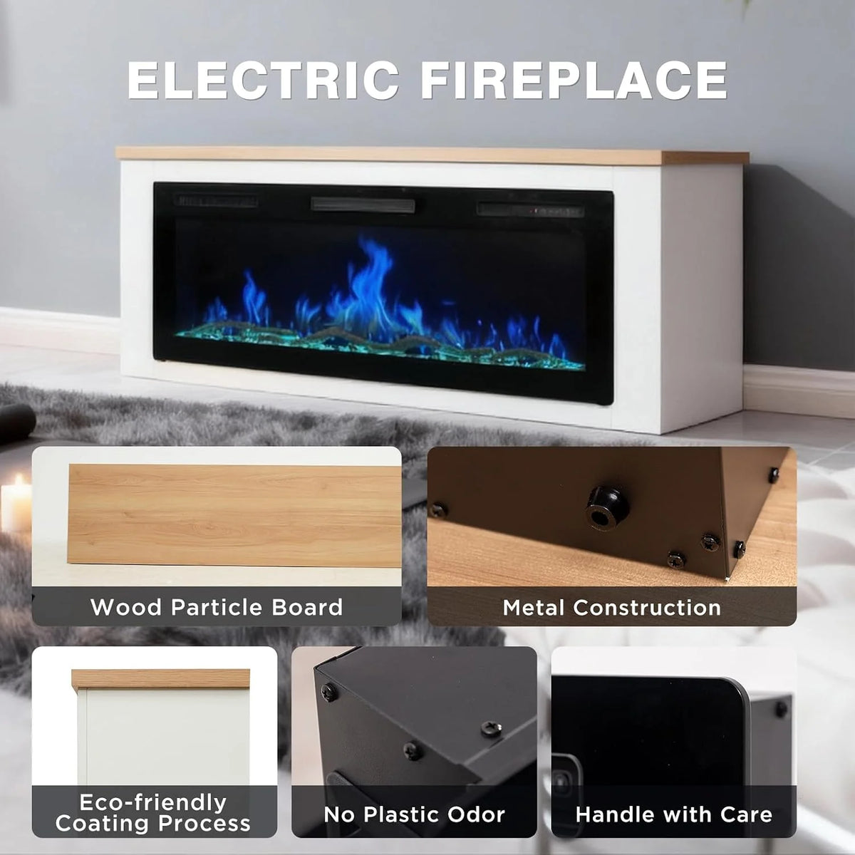 HOMAVO 50" Electric Fireplace with Heating, 1000W/2000W Decorative Fireplace, 12 Colors of 3D Flame, 12 Colors of Wood Fireplace, Remote Control & App, Includes Fireplace Furniture