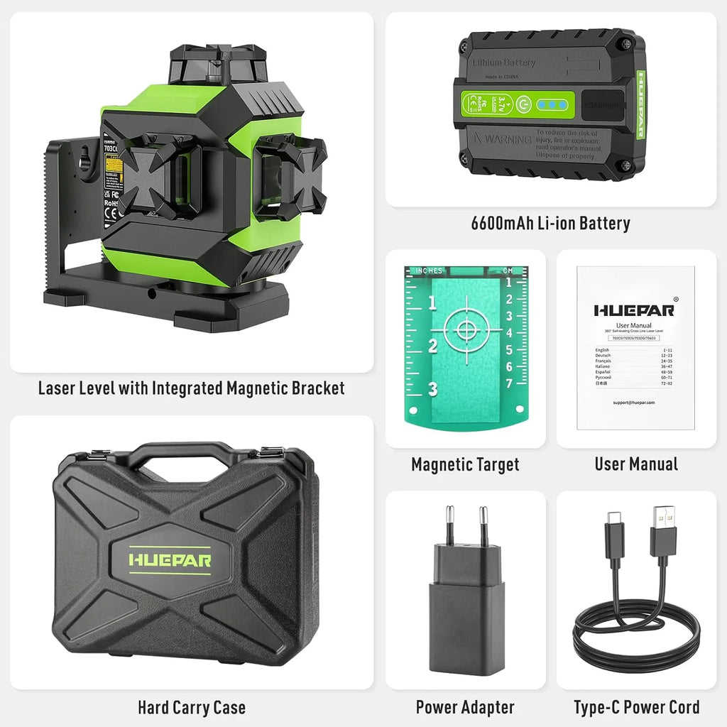 Huepar Nivel Laser Autonivelante 360 grados, 12 Líneas Cruzada con Función de Autonivelación y Pulso, 3D Nivelador Láser 30M, Batería de litio, CableType-C, Base Magnética, Estuche Rígido
