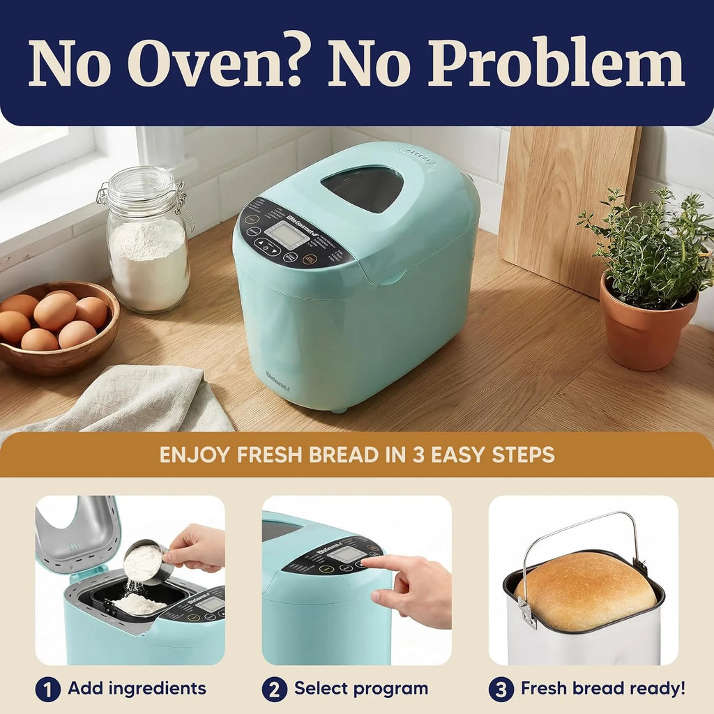 Elite Gourmet EBM8103M - Máquina programable para hacer pan, 3 tamaños de pan, 19 funciones de menú, sin gluten, trigo blanco, centeno francés y más, 2 libras, menta