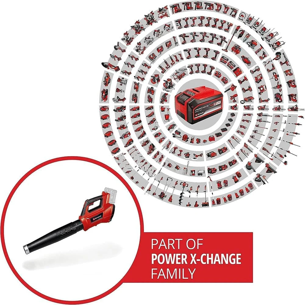 Einhell Soplador de Hojas a batería GE-LB 36/210 Li E-Solo Power X-Change (36 V, Iones de Litio, 210 km/h, 816 m³/h, Interruptor Turbo, Tubo de 3 escalones + Desmontable, sin batería ni Cargador)