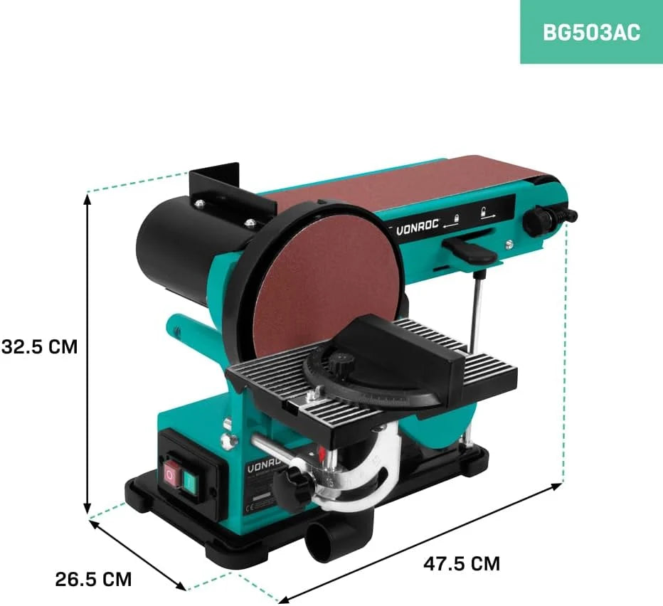 VONROC Lijadora de banda y disco de 350 W – Contiene 2 bandas de lijado de 100 x 915 mm (P80 y P120) y 2 discos de lijado de 150 mm de diámetro (P80 y P120)