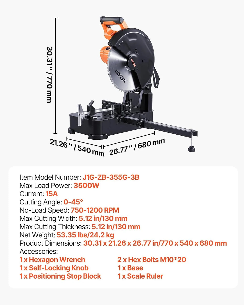 VEVOR Sierra Ingletadora, con Hoja de Sierra de Corte en Frío de Acero Inoxidable de 355 mm, Motor sin Escobillas de 3500 W y 750-1200 RPM, para Tubos Cuadrados y Planos, Aceros en Forma de L