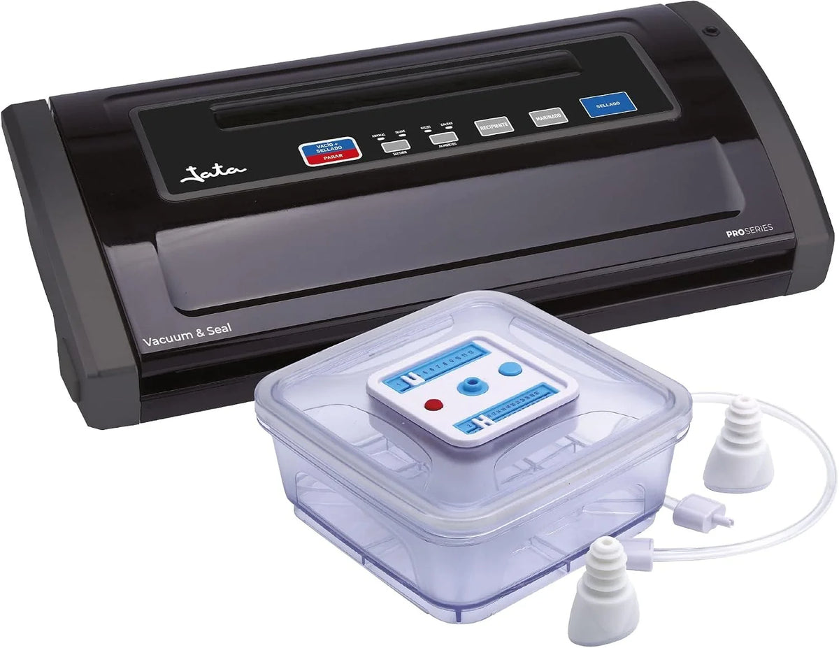 Jata EV1026 Envasadora al Vacío, 130 W, Potencia de Succión 0,85 bar, Capacidad de la Bomba 12 L por min, Permite el Vacío de Recipientes, Apta Bolsas 28 cm de ancho, Para Alimentos Secos y Salsas, Incluye 1 Recipiente Hermético 2 Rollo 2 Bomba Vacío