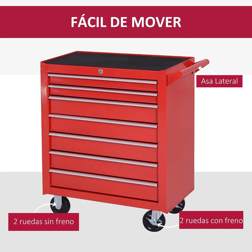 DURHAND Carro de Herramientas con 7 Cajones, con Cerradura, Asa, Rojo