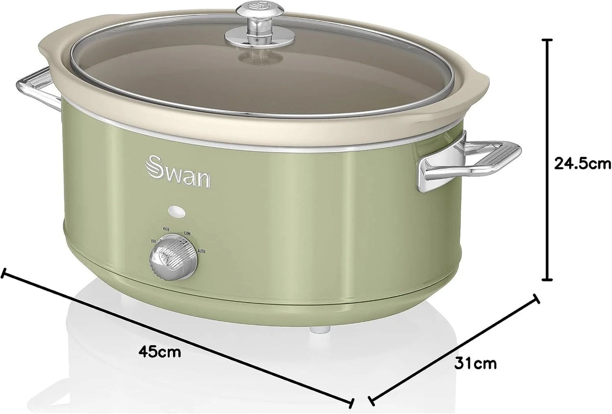 Swan Retro SF17031GNEU Olla Cocción Lenta 6,5L Recipiente Extraíble, Antiadherente Cerámica libre PFOA y PTFE, 3 Niveles Temperatura, Tapa Vidrio, Slow Cooker, Diseño Vintage, Verde, 320W