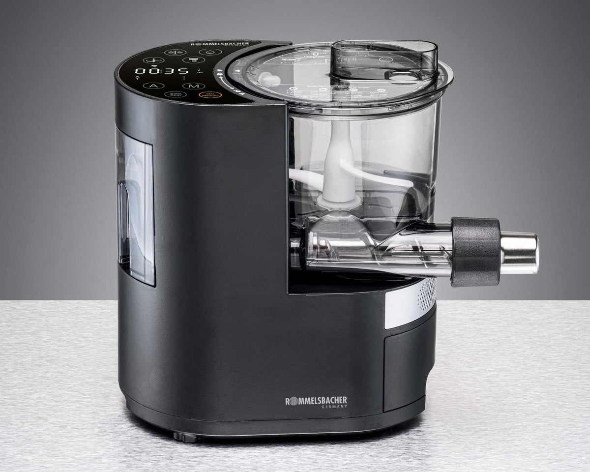 ROMMELSBACHER Máquina de pasta eléctrica PM 220 – hasta 800 g, báscula integrada, suministro de agua controlado, 6 programas totalmente automáticos, tornillo prensado de acero inoxidable, 7 moldes