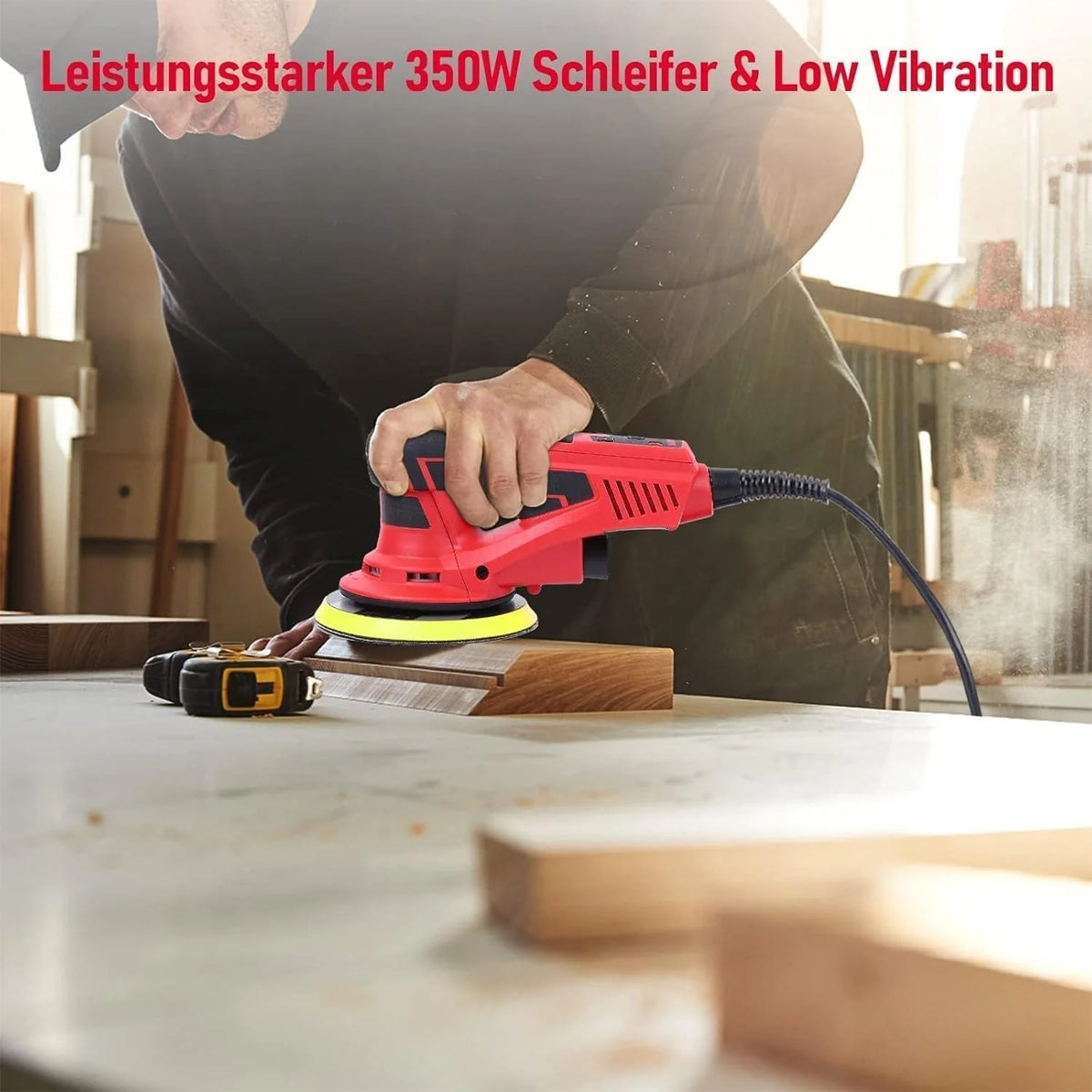 Lijadora Excéntrica 5.0 mm sin Escobillas PioneerWorks, 350W Lijadora Orbital 150mm, 4000-10000RPM, para Superficies de Madera, Incluye 12 Hojas de Papel de Lija
