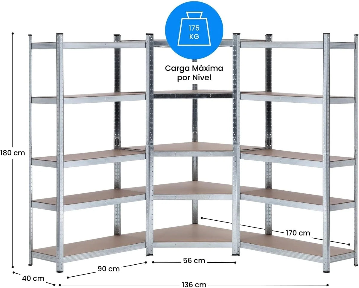 THINIA HOME - Pack 2 Estanterías Modulares + 1 Estantería Esquinera, Acero y MDF Antihumedad, Hogar, Trastero, Garaje, Taller, Comercio, 5 Baldas Ajustables, Carga Máx. 875Kg (x3)
