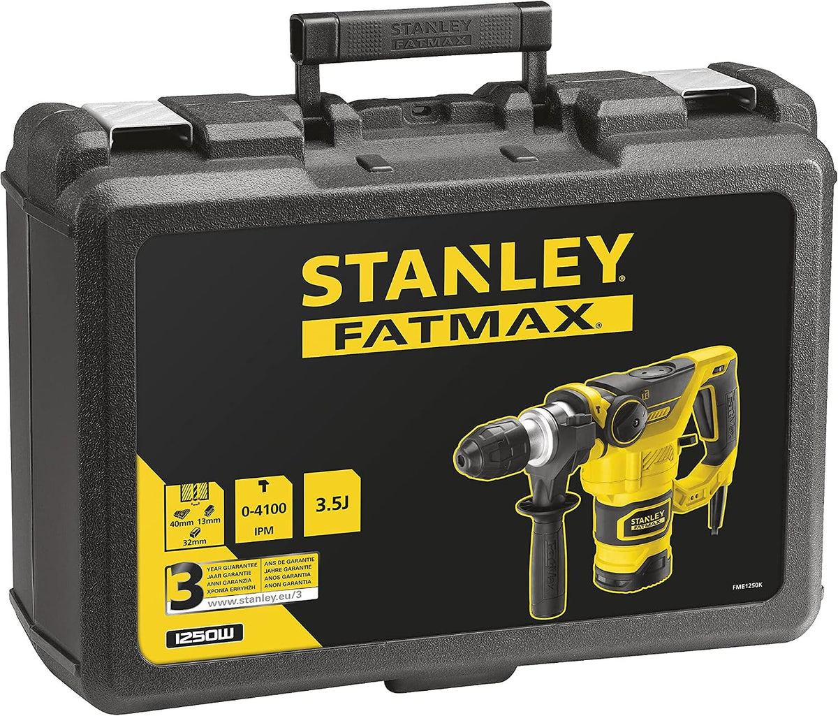 STANLEY FATMAX Martillo percutor SDS Plus 1.250W, Impacto 3.5J, Velocidad 850rpm, 3 Funciones de Golpeo, Incluye Maletín de Transporte y Accesorios Gama FATMAX, FME1250K-QS