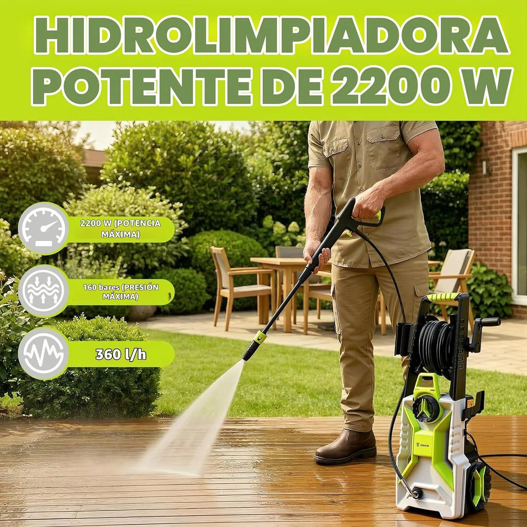 DEKOPRO Hidrolimpiadora de 2200 W Aplicable para El Hogar, El Jardín O El Coche, con Un Caudal de 360 L/h, Una Presión de 160 Bares, Y Equipada con Conectores Rápidos Y Boquillas Regulables