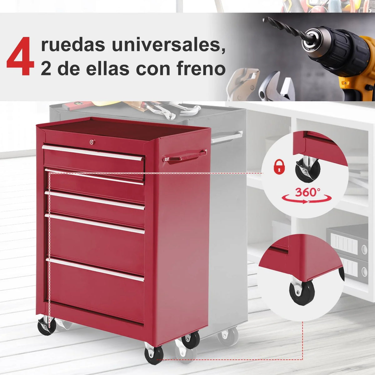 HOMCOM Carro Caja de Herramientas Taller Movil 5 Cajones 4 Ruedas Rojo