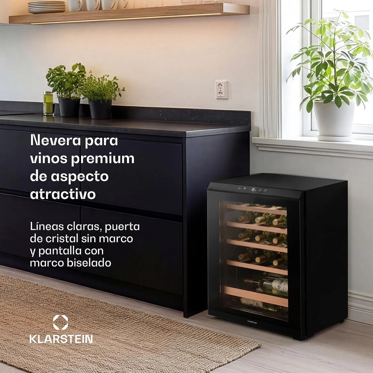 KLARSTEIN Bevora Frigorífico 20 botellas – Enfriador de vino independiente, controles táctiles 4-18 °C, puerta de cristal UV, luz LED, estantes de madera