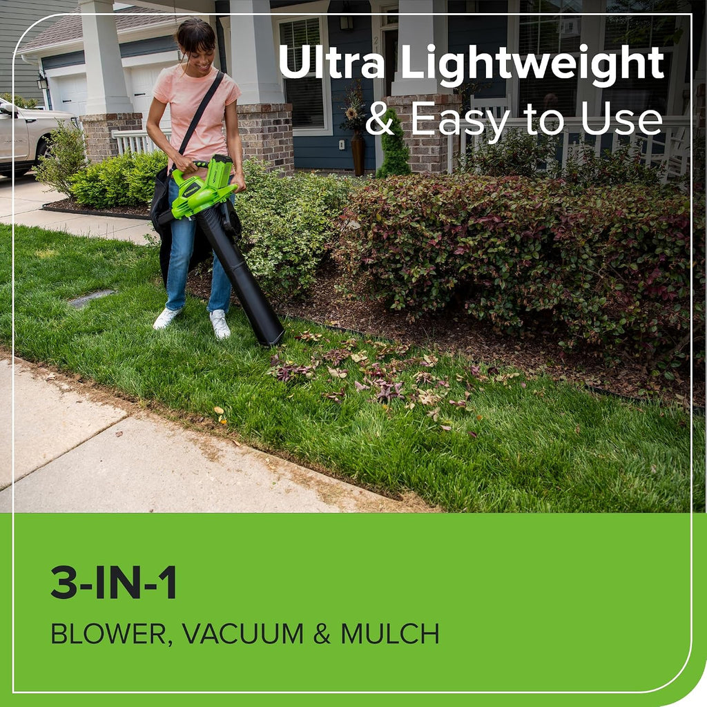 Greenworks GD40BV Soplador Aspirador de Hojas a Batería con Motor sin Escobillas, 280 km/h, 9,63 m³/min, Bolsa Recogedora de 45L SIN Batería de 40V y Cargador, Garantía de 3 Años