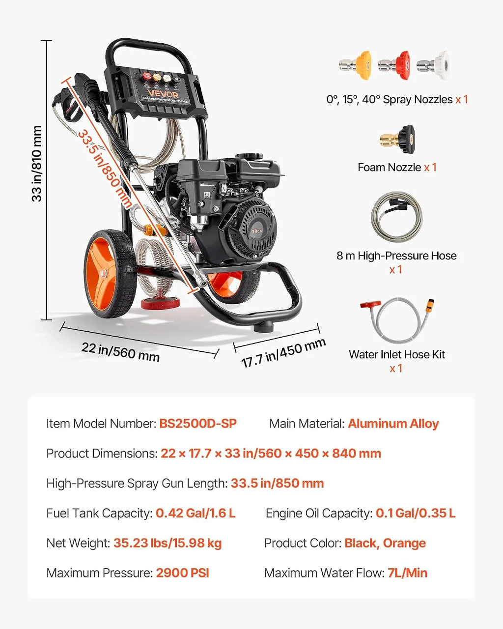 VEVOR Hidrolimpiadora de Alta Presión 2900 PSI 7 L/min Lavadora de Gasolina de Alta Presión con Bomba de Aluminio, Manguera de 7,9 m, 4 Boquillas, Ruedas para Coches Azulejos Entradas Ventanas Paredes