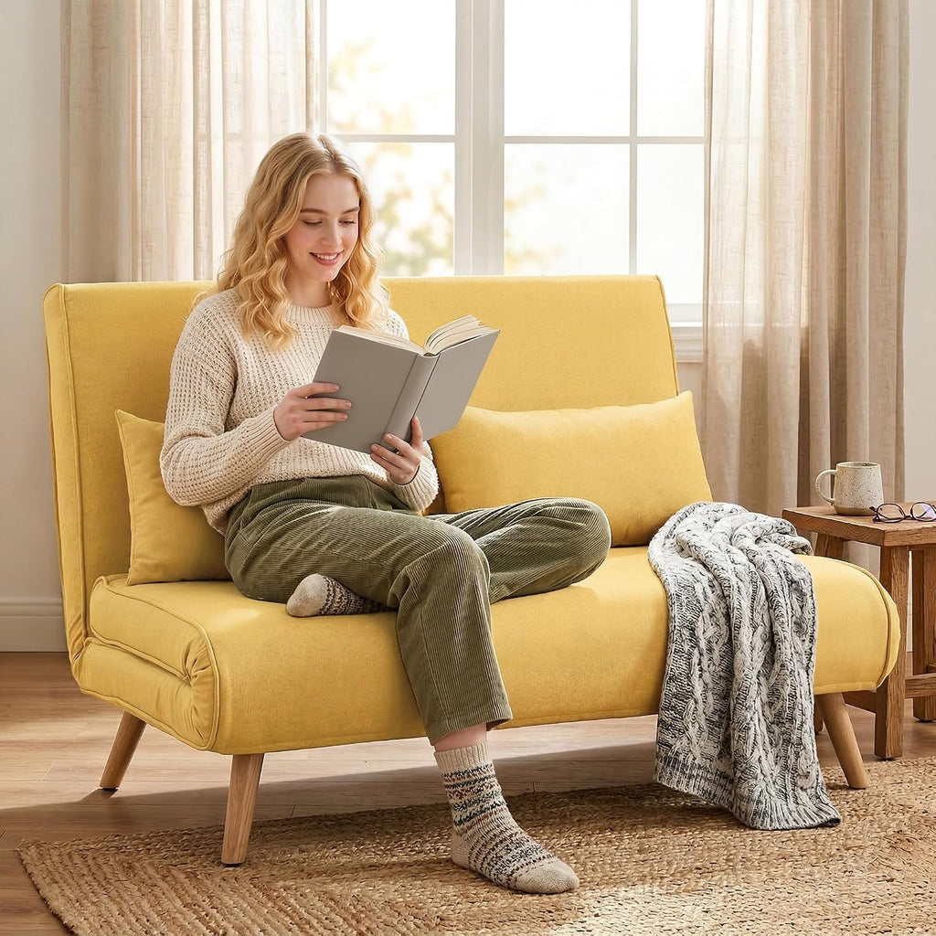 HOMCOM 3 in 1 Folding 2 Seater Sofa Bed Upholstered in Yellow Linen