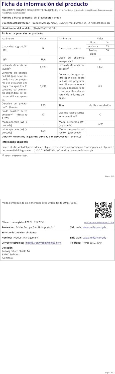 COMFEE' CDWMT0602EWD-EU Lavavajillas Compacto, 6 Cubiertos,6 Programas