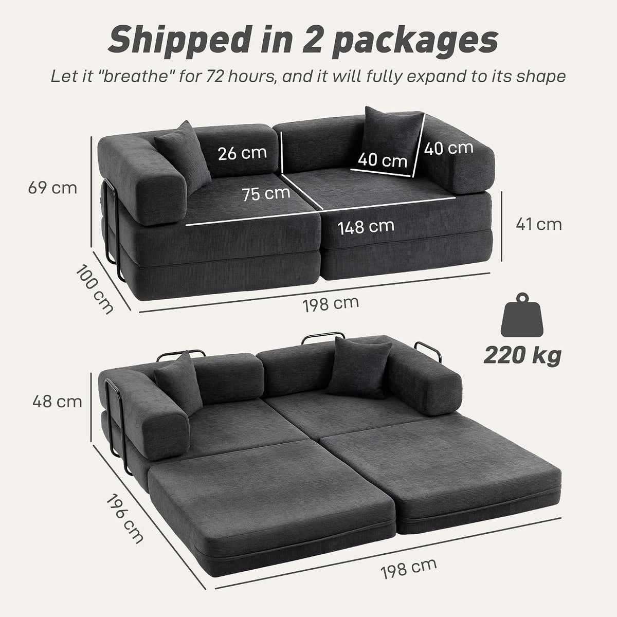 HOMCOM 5-in-1 Folding Sofa Bed with Chenille Upholstered Dark Grey