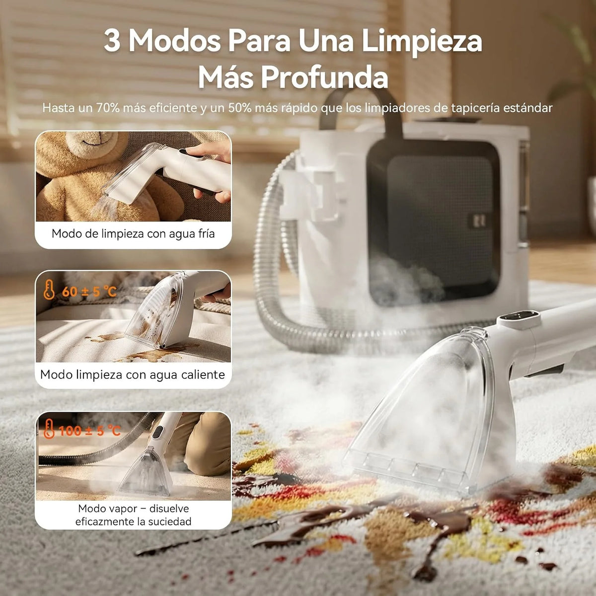 Redkey Rd-F1 Aspirador Tapicerías con Agua, 4 en 1 Aspirador Lava a Vapor con Succión 26000Pa, 1800W Limpieza Profunda para Alfombras, Sofás, Manchas de Mascotas, Depósito 3 en 1 & 7 Accesorios