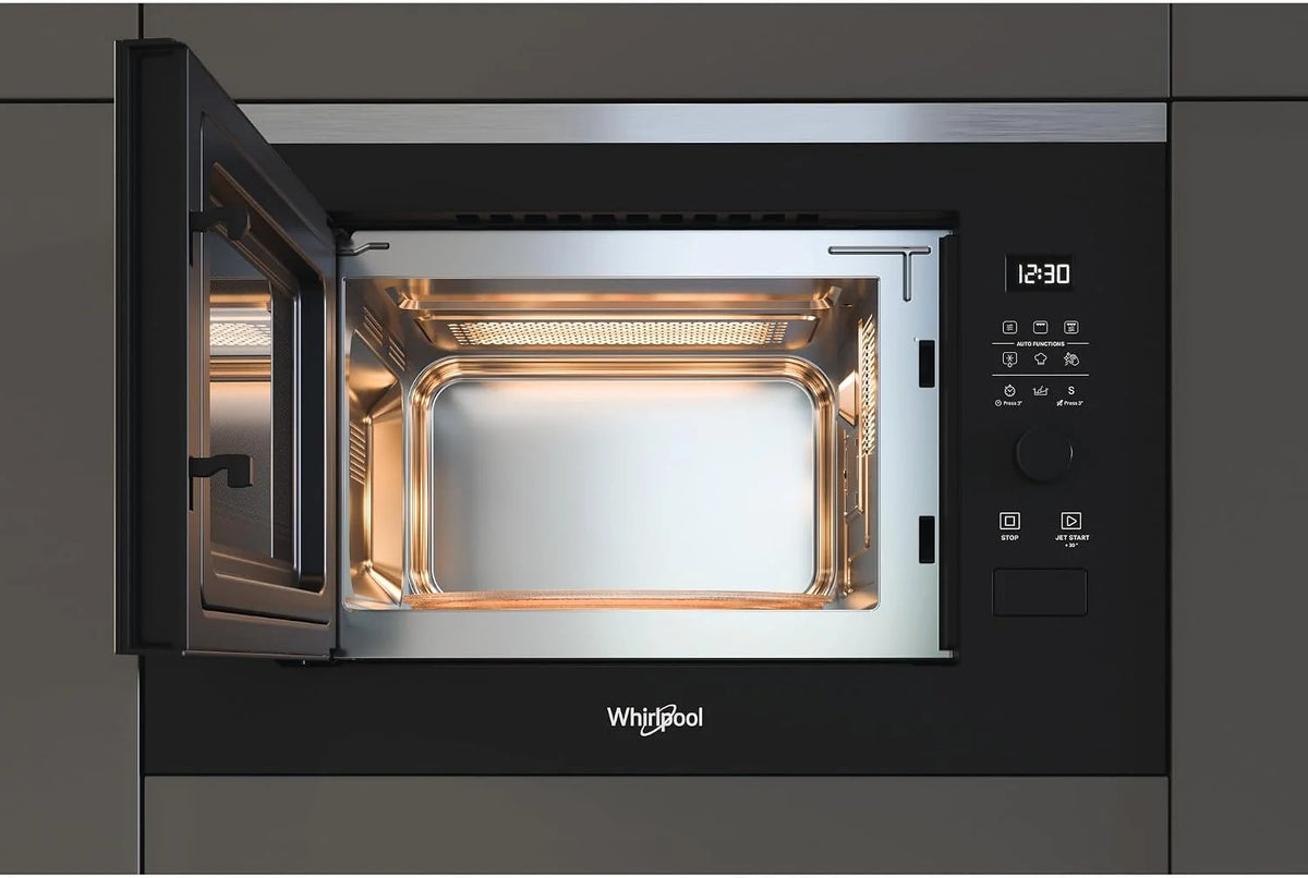 Whirlpool - Microondas integrable WMF250G negro, 25 L, 900W, gril plato giratorio de 28 cm, 7 niveles de potencia