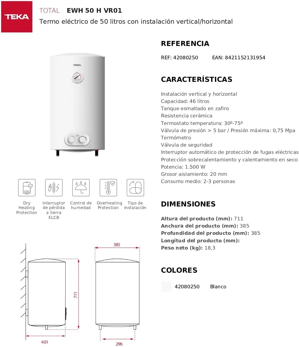 Teka EWH 50 H VR01 – Electric Flask, Capacity 50 L, Vertical and Horizontal Installation, White