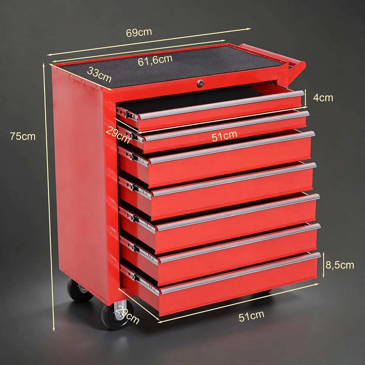 DURHAND Carro de Herramientas con 7 Cajones, con Cerradura, Asa, Rojo
