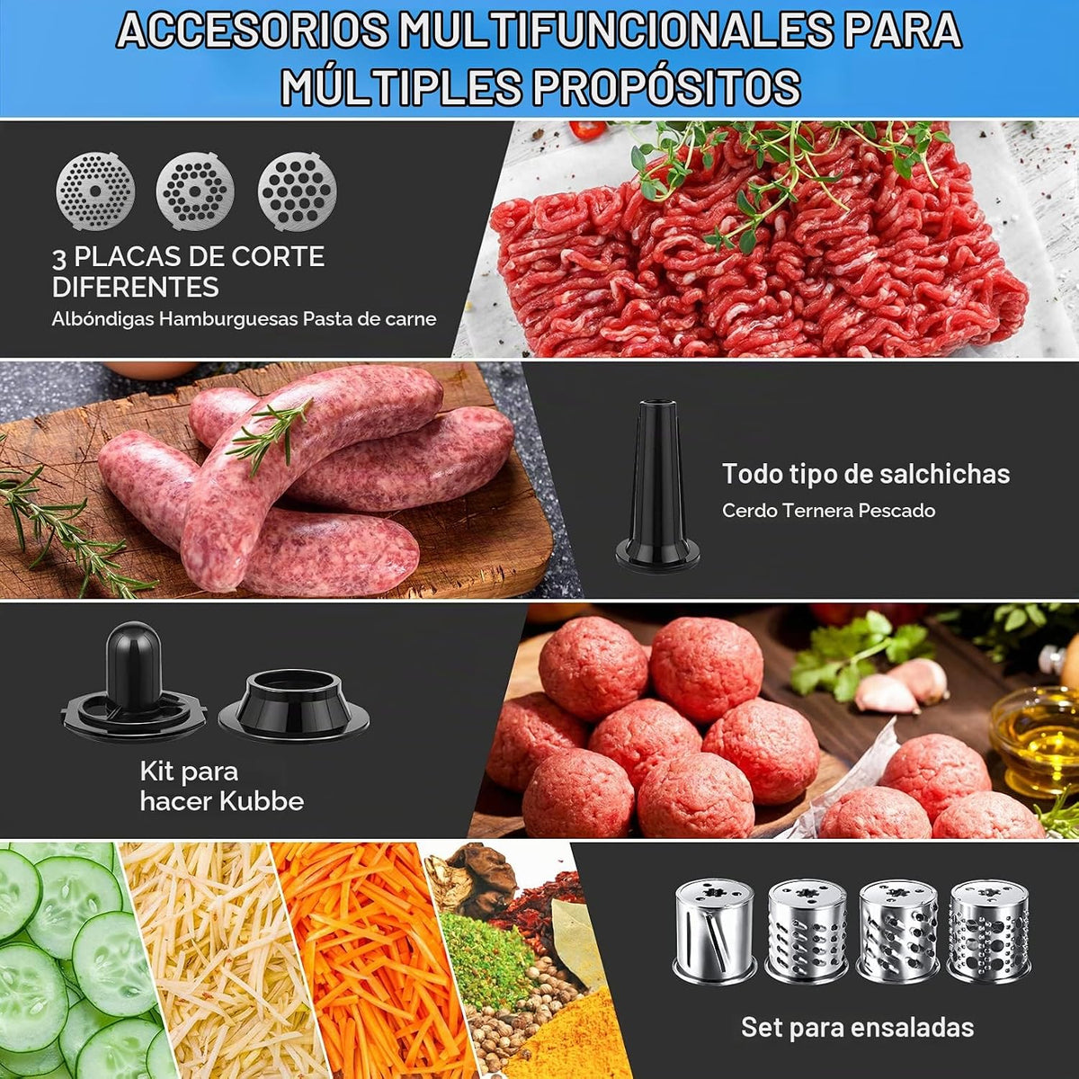 Nictemaw Picadora de carne eléctrica 5 en 1, multifunción, con 4 cuchillas y 3 placas de corte de acero inoxidable, para salchichas, otros accesorios para galletas, albóndigas, 2000 W máx