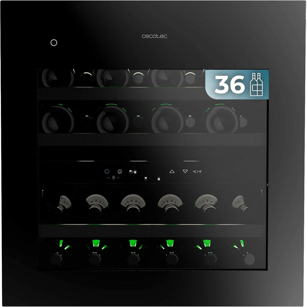 Cecotec Vinoteca Integrable 36 Botellas 60x60cm con Compresor Bolero GrandSommelier Duo 36000 Touch Matt Black Compressor. Apertura con Sensor Táctil, Doble Zona Temperatura, Display, Estantes Madera