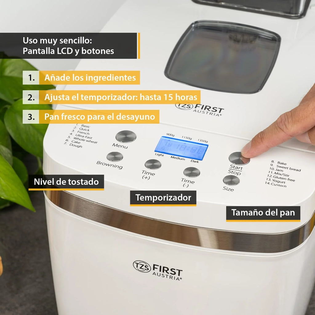 TZS First Austria - Panificadora 850W - Para panes de 900g y 1350g - 14 Programas automáticos - Tostado ajustable, Temporizador y Función mantener caliente