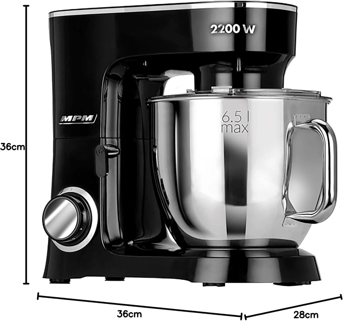 MPM Batidora Amasadora Repostería Profesional Robot Cocina Orbital 2200W Máx. 6,5L Bol Acero Inox, 6 Velocidades + Función Pulso, Sistema Planetario, 3 Accesorios+ Báscula, MRK-19B