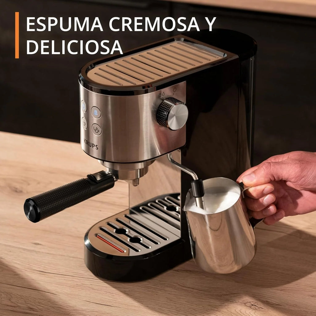 Krups Virtuoso Essential - Cafetera espresso 15 bar, acero inox negro, diseño compacto y elegante, parada automática, espresso y cappuccino, Thermoblock, boquilla de vapor, incluye cuchara, XP4418
