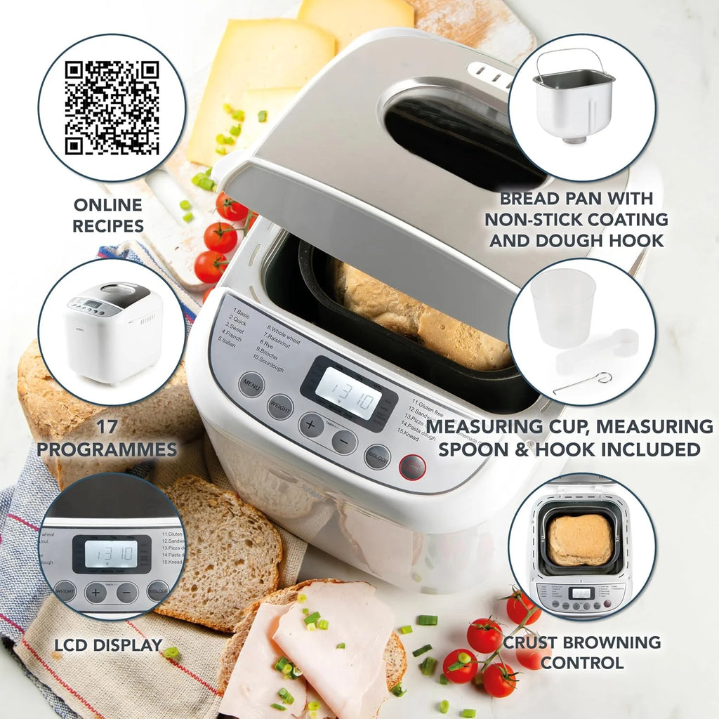 DOMO B3976 - Panificadora (500-750-1000 g, 17 programas, incluye programa sin gluten, con temporizador, pantalla LCD, función de mantenimiento del calor), color blanco