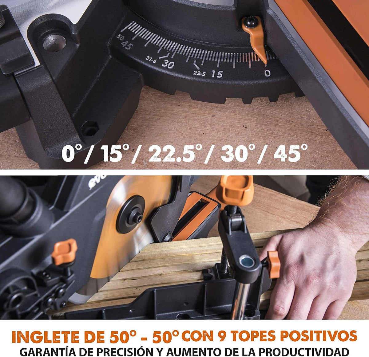 Evolution Power Tools - R210SMS-300+ Ingletadora deslizante multimaterial de 210 mm (230 V), con paquete plus, Corta acero dulce, aluminio, plástico, madera con clavos incrustados