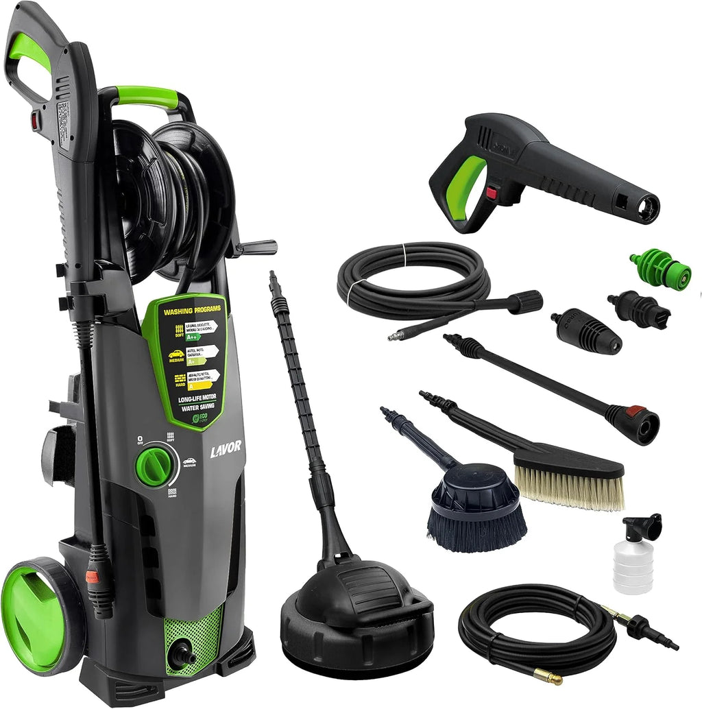 Lavor Hidrolimpiadora de agua fría STM 160 WPS con sistema lavado, enrollador, 2 cepillos, limpia suelos y sonda desatascadora 6 m, 160 bar max, 510 l/h max, 2500W