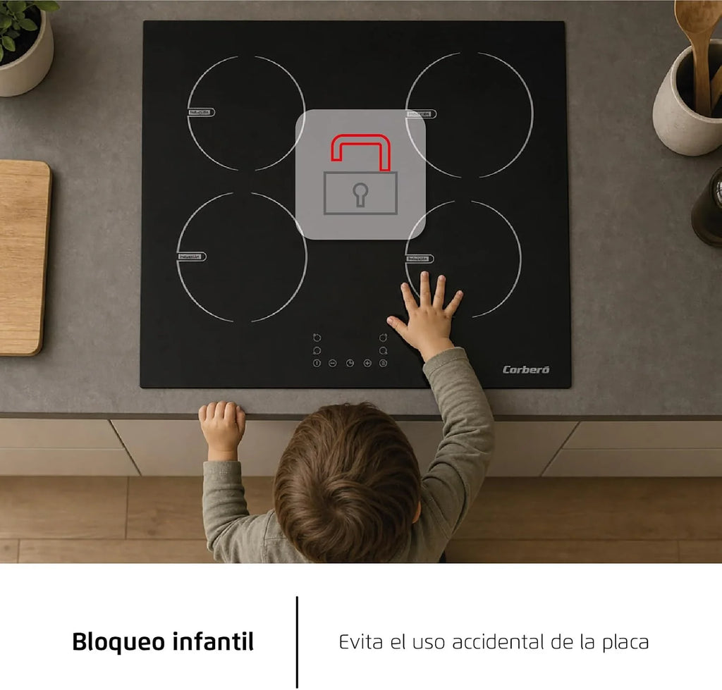 Corberó - Placa de Inducción 60cm | CCIG48BF | 6800 W | 4 Zonas | Control Táctil | Temporizador 99 Min | 9 Niveles Potencia | Booster | Bloqueo Infantil | Negro