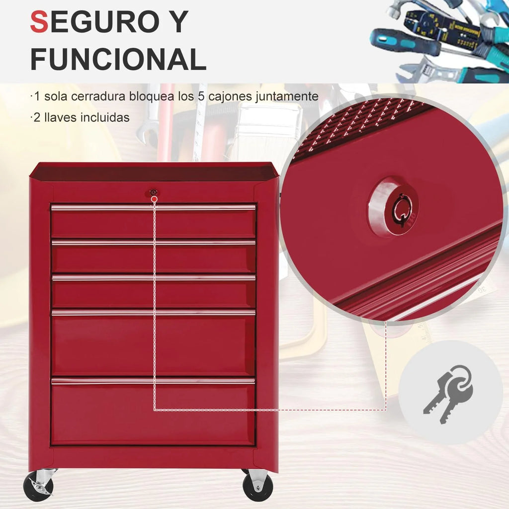 HOMCOM Carro Caja de Herramientas Taller Movil 5 Cajones 4 Ruedas Rojo