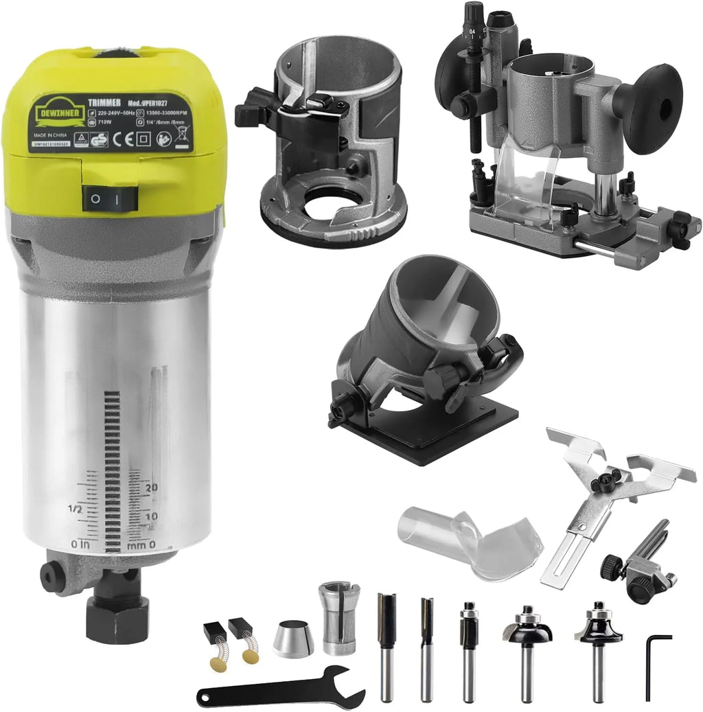 Fresadora de Madera Rebajadora Eléctrica, DEWINNER Desmoladora Eléctrica compacta 220 V, 710 W, 3 Bases Incluidas, 3 Pinzas de 1/4 Pulgadas, 6 mm y 8 mm, 5 Fresas de Carburo