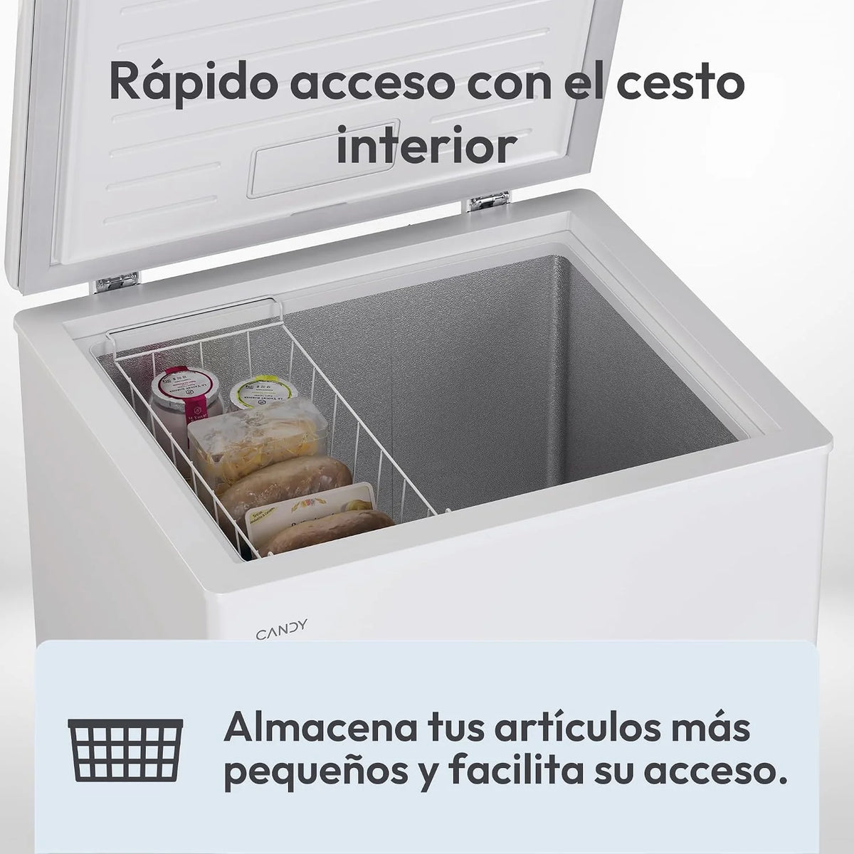 Candy CCHH 145E, Congelador Arcón Horizontal, Ancho 70CM, 137L, Tecnología Estática, 1 Cesto, Control Electrónico Externo, Indicador de Temperatura, Alarma Aumento de Temperatura, 39DB, Blanco