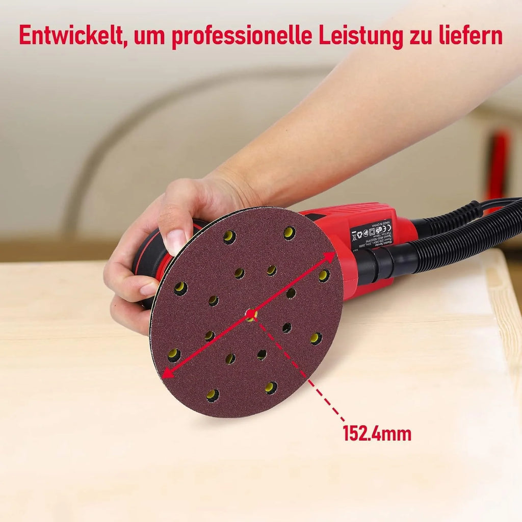 Lijadora Excéntrica 5.0 mm sin Escobillas PioneerWorks, 350W Lijadora Orbital 150mm, 4000-10000RPM, para Superficies de Madera, Incluye 12 Hojas de Papel de Lija