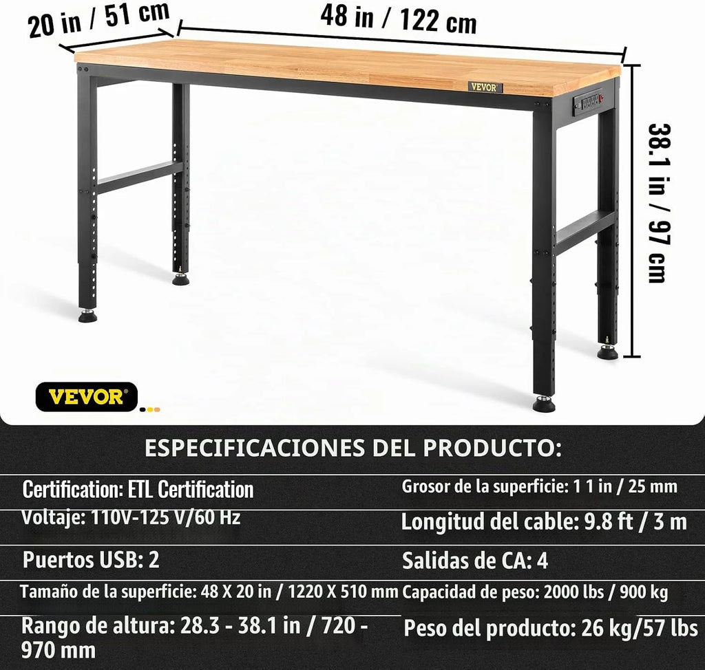 VEVOR Banco de Trabajo 1220x508 mm Mesa de Taller Altura Ajustable 719-968 mm Carga de 900kg con Toma de Corriente Mesa de Madera Marco de Metal Almohadillas para los Pies para Oficina, Garaje